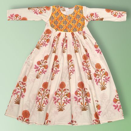 8-9 Year Masira Yellow Printed Cotton Girls Dress 42" Long Jalabiya