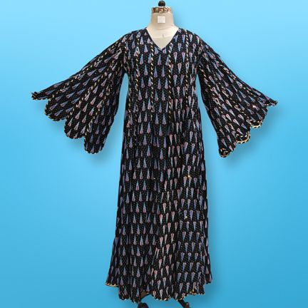 L/XL Meher Crystal Black Printed Cotton Dress 56" Long Jalabiya