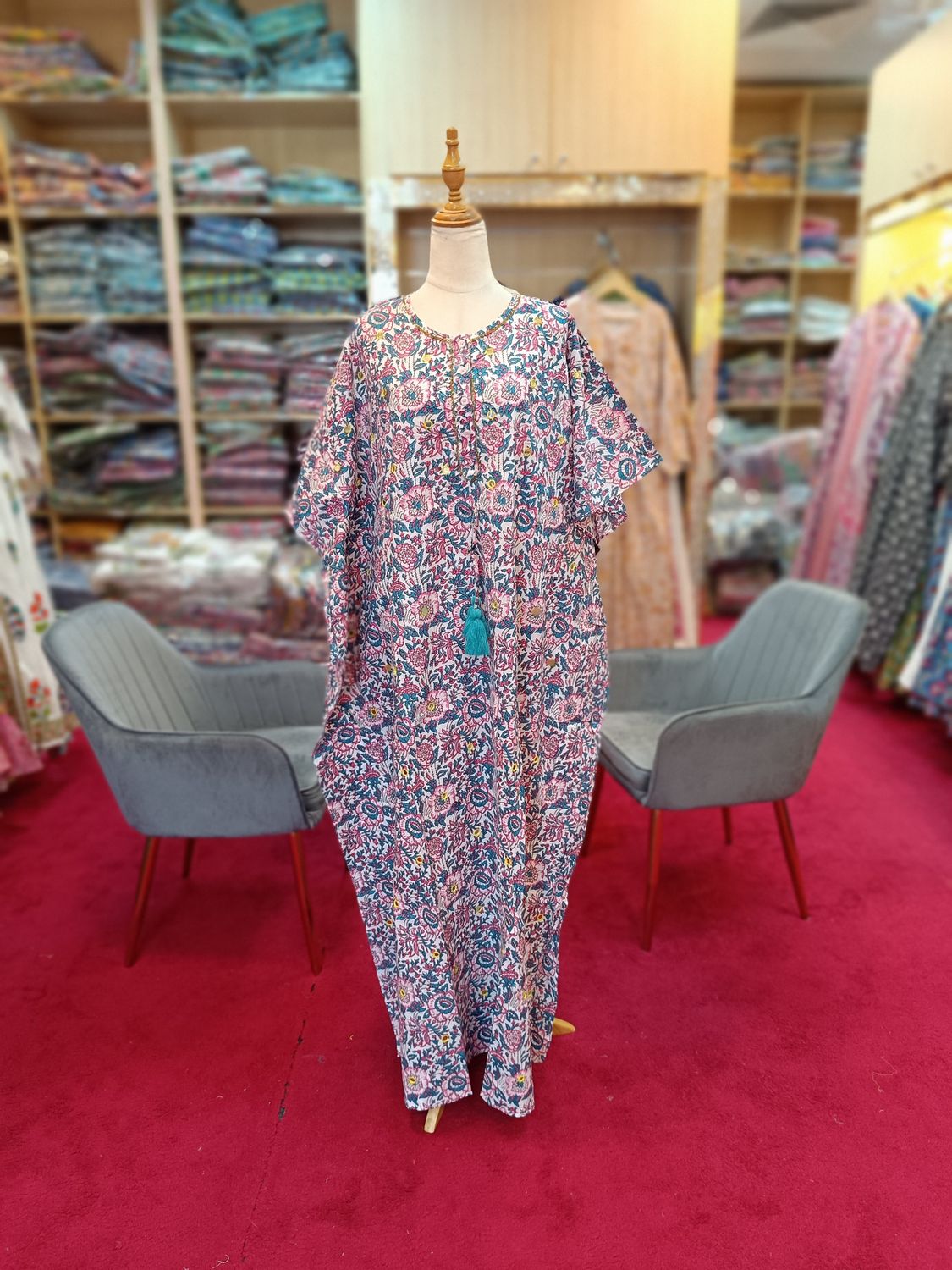 Free Size Mirror Cotton Farasha Kaftan 57" Long Jalabiya