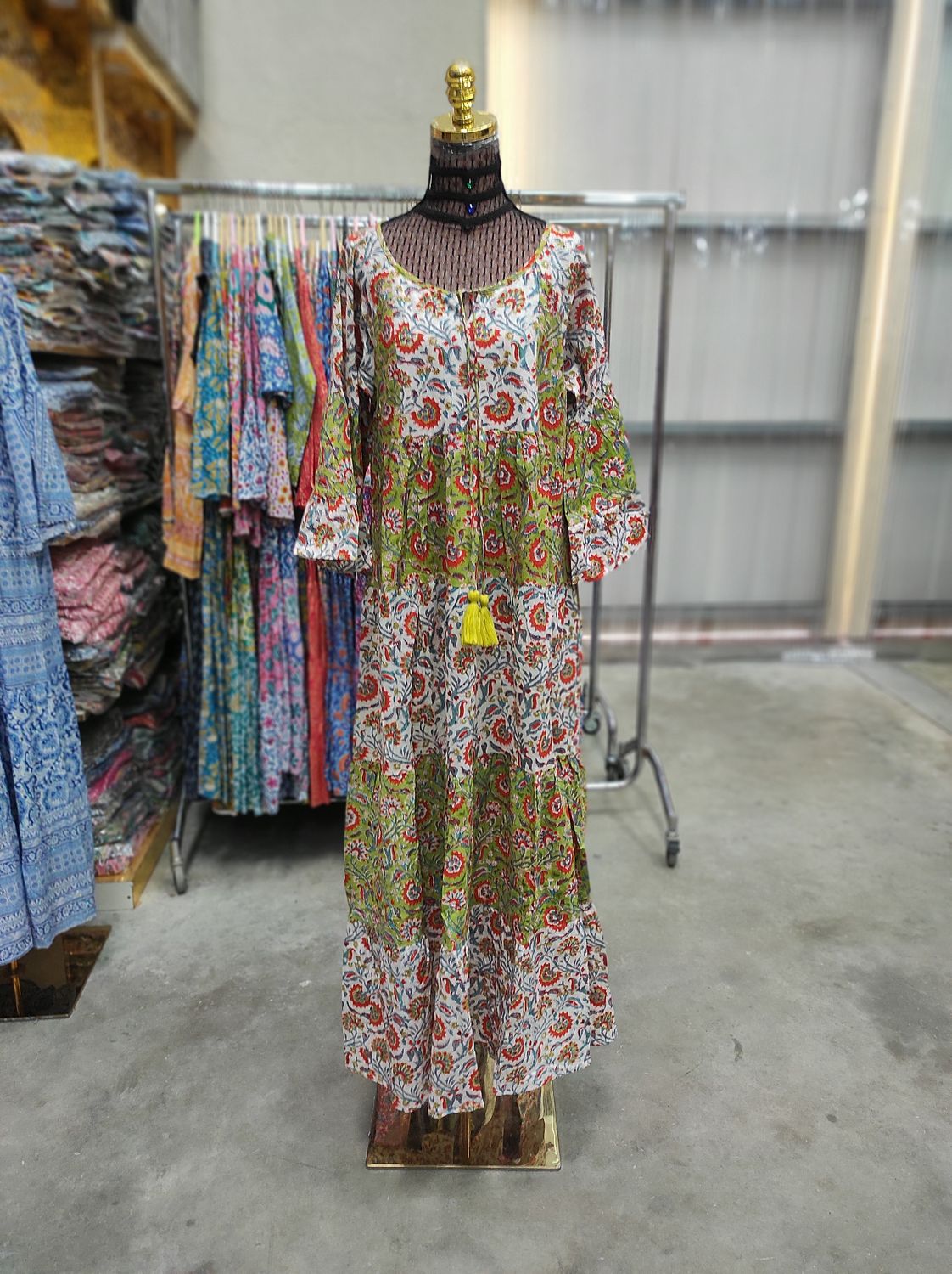 S/M Gaby Multi Printed Cotton Dress 57" Long Jalabiya