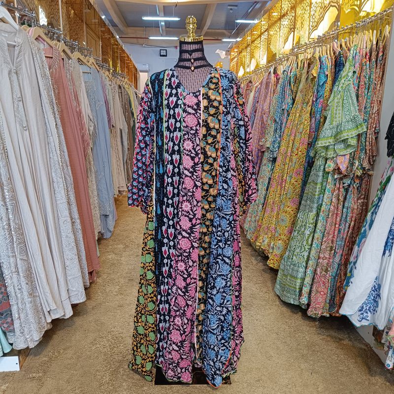 L/XL Meher Crystal  Multi Printed Cotton Dress 57" Long Jalabiya