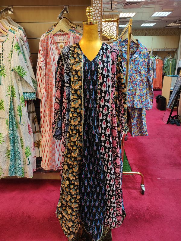 L/XL Meher Crystal Black Multi Printed Cotton Dress 56'' Long Jalabiya