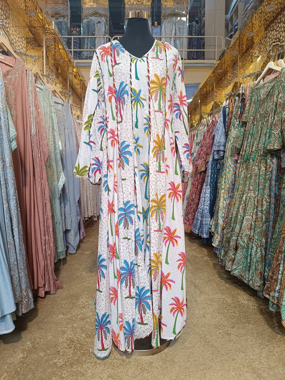 L/XL Meher Crystal Multi Printed Cotton Dress 57" Long Jalabiya