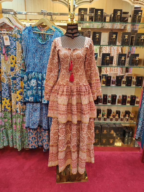 S/M   Crystal Rahima Gold Printed Cotton  Dress 57" Long Jalabiya