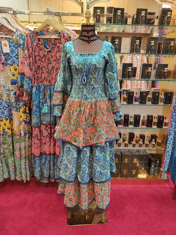 S/M   Crystal Rahima Multi Printed Cotton  Dress 57" Long Jalabiya