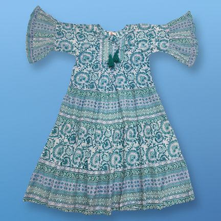 8-9 Year Gaby Crystal Green Printed Cotton Girls Dress 42" Long Jalabiya