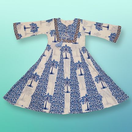 4-5  Year Anaya Crystal Blue Printed Cotton Girls Dress 34" Long Jalabiya