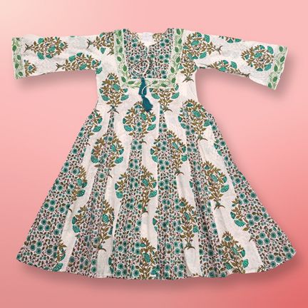 10-11 Year Anaya Crystal Green Printed Cotton Girls Dress 46" Long Jalabiya