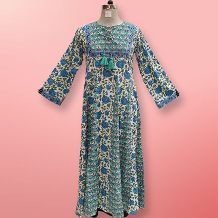 10-11 Year Anaya Crystal Printed Cotton Girls Dress 45"Long Jalabiya