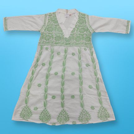 2-3 Year Teena Embroidery White Cotton Girls Dress 30" Long Jalabiya