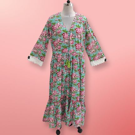 L/XL  years Ari Green Cotton Dress 57" Long Jalabiya