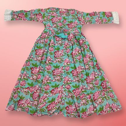 6-7 years Ari Green Printed Cotton Dress 38" Long Jalabiya