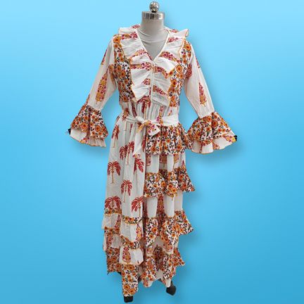 2XL/3XL Sabah Yellow Printed Cotton Dress 57" Long Jalabiya