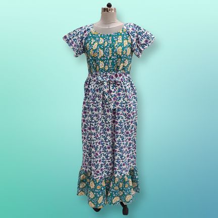 L/XL Zeba Printed Cotton Dress 57" Short Sleeves Jalabiya