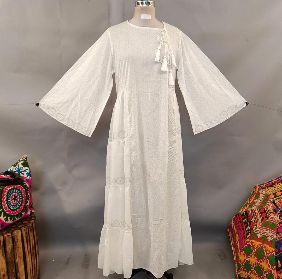 L/XL Cindrella Crystal White Cotton Dress 56" Long Jalabiya