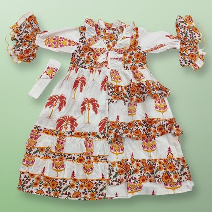 8-9 Sabah Yellow Printed Cotton Dress 42" Long Jalabiya