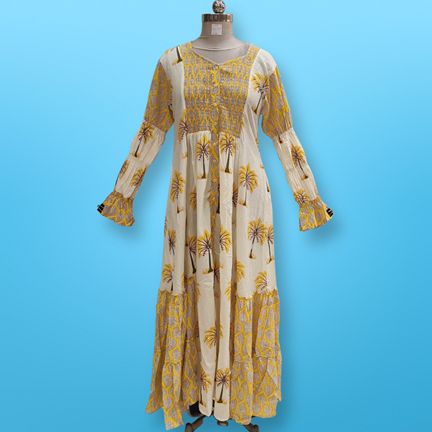 L/XL Ashbah Printed Cotton Dress 57" Long Sleeves Jalabiya