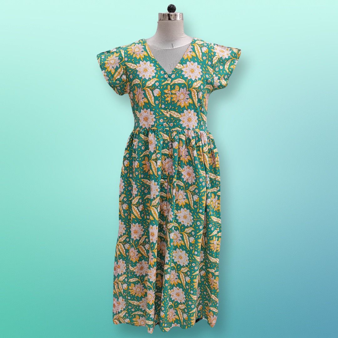 S/M Green Precious Printed Cotton Jalabiya Dress 57" Long