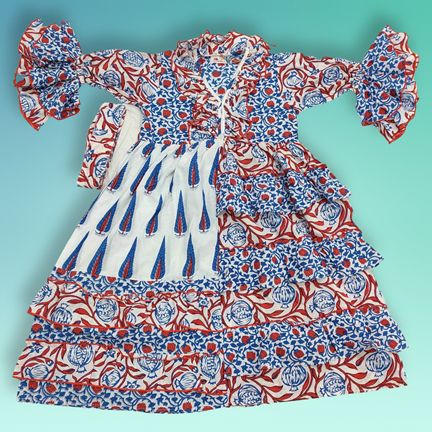 10-11 Year Sabah Blue Printed Cotton Dress 45" Long Jalabiya