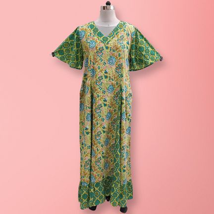 2XL/3XL Marya Printed Cotton Dress 56" Short Sleeves Jalabiya