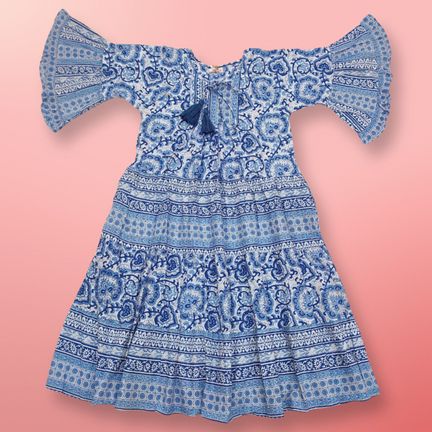 10-11 Year Gaby Crystal Blue Printed Cotton Girls Dress 46" Long Jalabiya