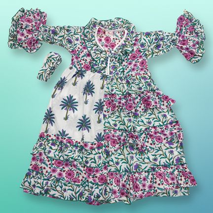 8-9 Sabah Pink Printed Cotton Dress 42" Long Jalabiya