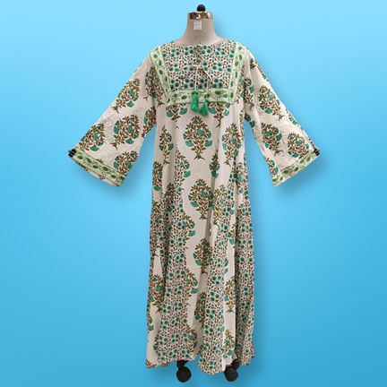 XS/S Anaya Crystal Green Printed Cotton Dress 54" Long Jalabiya