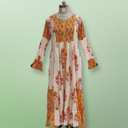 2XL/3XL Ashbah Printed Cotton Dress 57" Long Sleeves Jalabiya