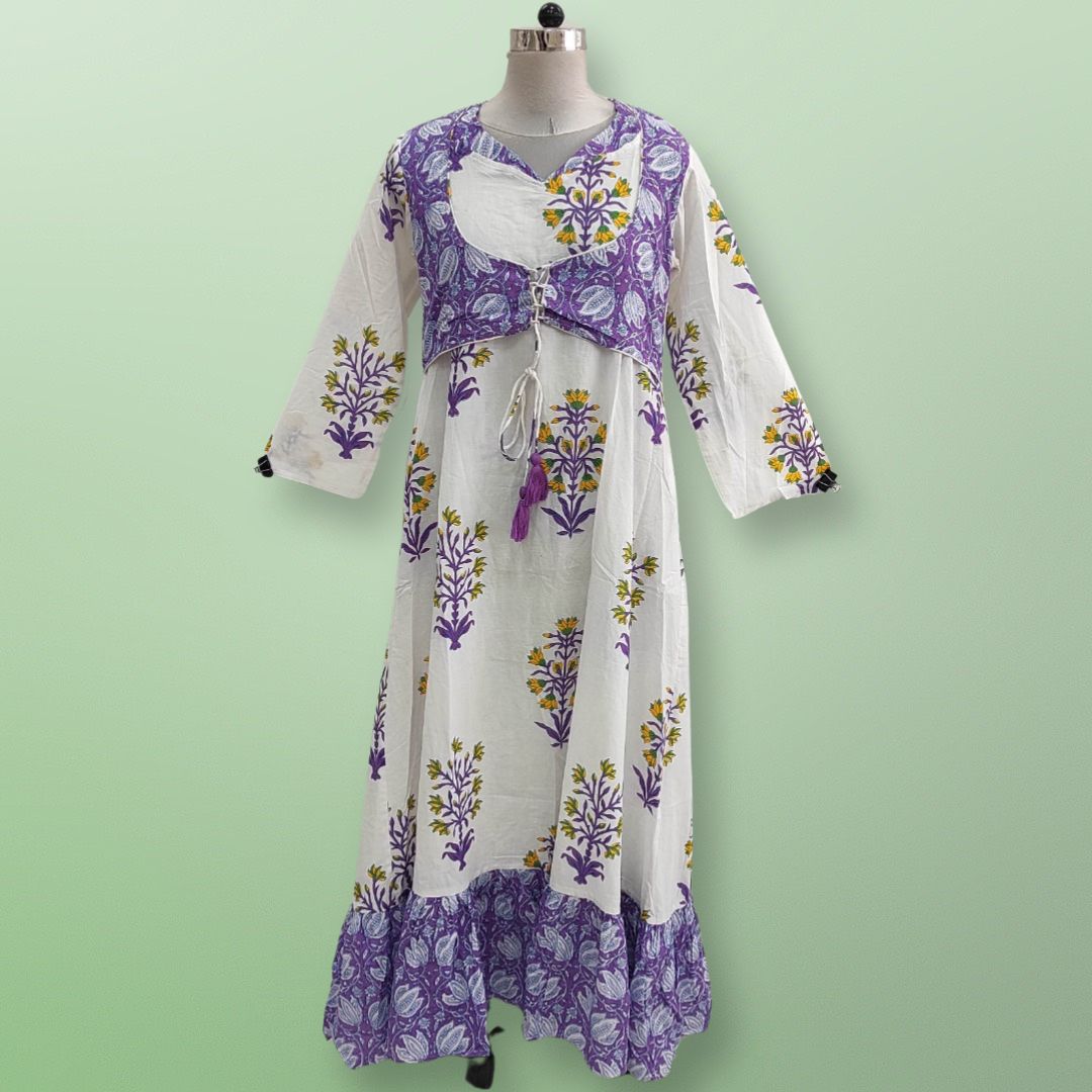 2XL/3XL  Purple Azrah Printed Cotton Dress 57" Long Jalabiya