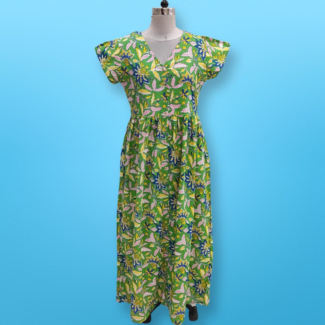 S/M Green Precious Printed Cotton Jalabiya Dress 57" Long