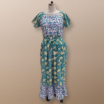 L/XL Zeba Printed Cotton Dress 57" Short Sleeves Jalabiya