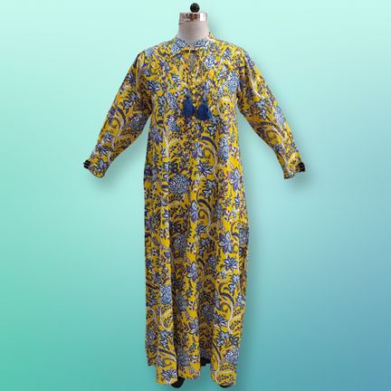 S/M Anisa Printed Cotton Dress 57"  Long Sleeves Jalabiya