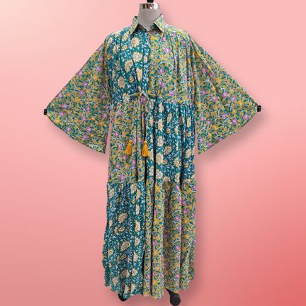 L/XL Fatim Multi Printed Cotton Dress 57" Long Jalabiya