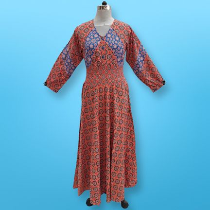 S/M Mawiya Printed Cotton Dress 57" Long Sleeves Jalabiya