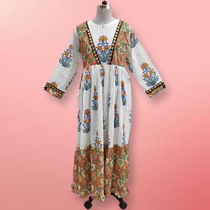 2XL/3XL Zahida Printed Cotton Dress 57" Long Jalabiya