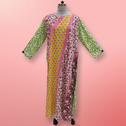 2XL/3XL Nury Crystal Multi Printed Cotton Dress 56" Long Jalabiya