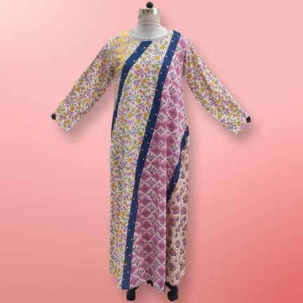 S/M Nury Multi Printed Cotton Dress 56" Long Jalabiya