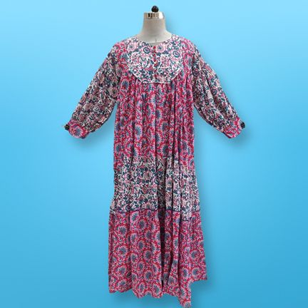 L/XL Emna Printed Cotton Dress 57"Long Sleeves Jalabiya