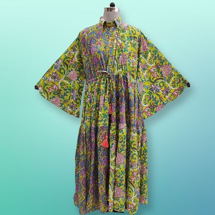 S/M Fatim Multi Printed Cotton Dress 57" Long Jalabiya