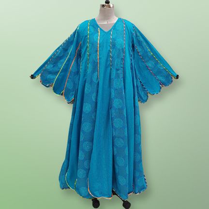 L/XL Meher Turquoise Printed Cotton Dress 57" Long Jalabiya