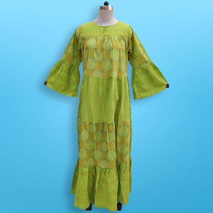 L/XL Moon Green Printed Cotton Dress 57" Long Jalabiya