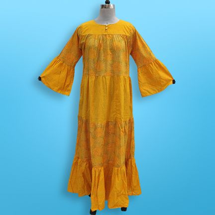 S/M Moon Yellow Printed Cotton Dress 57" Long Jalabiya