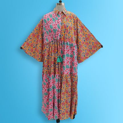 L/XL Fatim Multi Printed Cotton Dress 57" Long Jalabiya