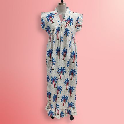 S/M Amani Printed Cotton Dress 57" Short Sleeves Jalabiya