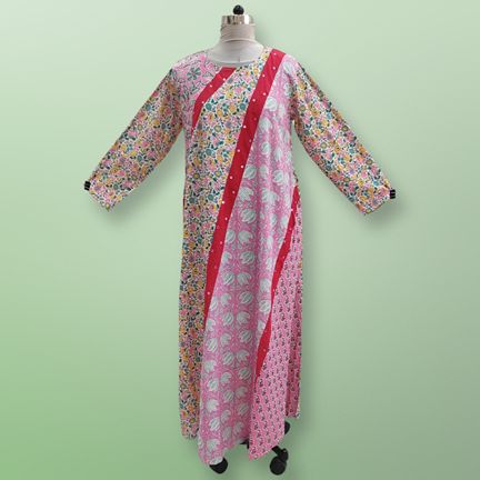 L/XL Nury Multi Printed Cotton Dress 56" Long Jalabiya