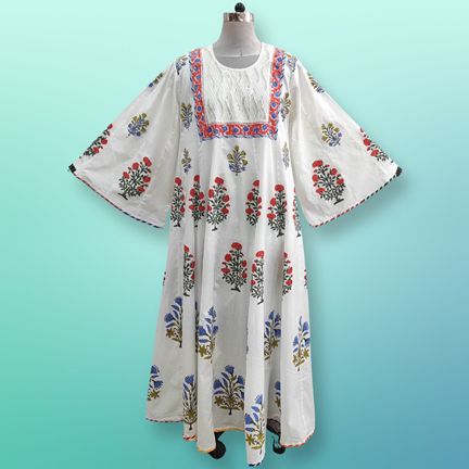 L/XL Meheq Printed Cotton Dress 57" Long Sleeves Jalabiya