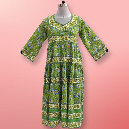 12-13 Year Huda Green Printed Cotton Girls Dress 50" Long Jalabiya