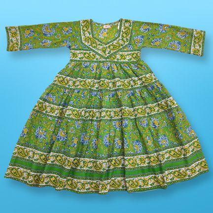 4-5 Year Huda Green Printed Cotton Girls Dress 35" Long Jalabiya
