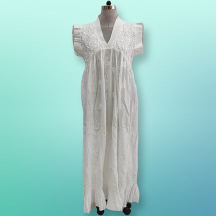 2XL/3XL Amani Embroidery White Cotton Dress 57" Short Sleeves Jalabiya