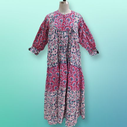 L/XL Emna Printed Cotton Dress 57"Long Sleeves Jalabiya